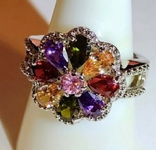 Size 9 - Sterling Silver Plated Colorful Gemstones Flower Ring