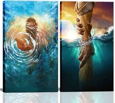 2 Pcs Framed Jesus Wall Art, Hand of God Christ Canvas, Bible Ocean Decor