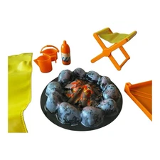 1972 Mattel Barbie Camp-Out Accessories, Chair, Sleeping Bag, Fire Pit, Dishes
