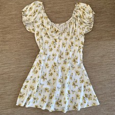 NWT Doen Sera Silk Short Puff Sleeve V Neck Mini Dress Gold Frolicking Floral