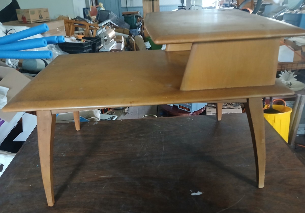 TWO HEYWOOD WAKEFIELD MID CENTURY MODERN STEP END TABLES-CHAMPAGNE