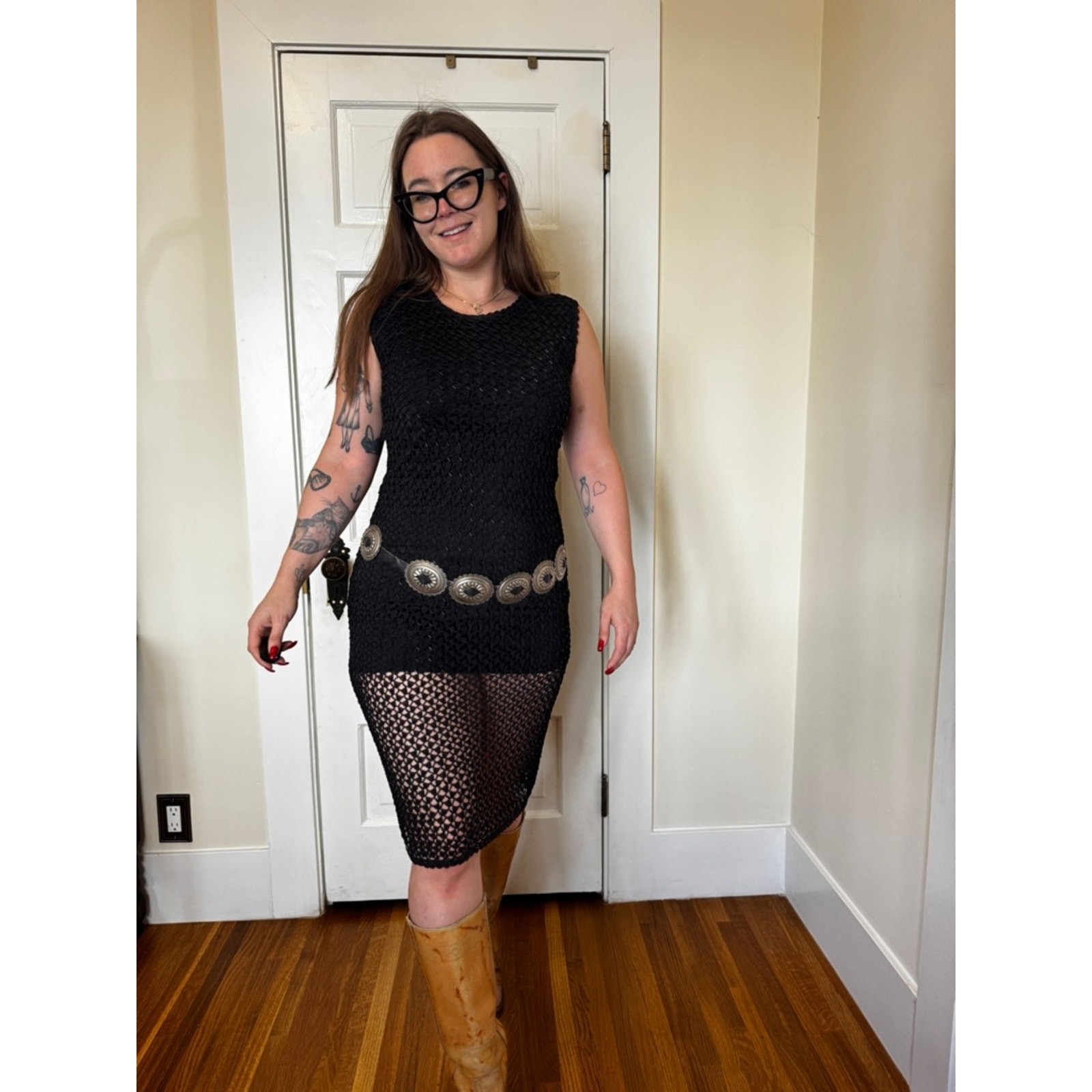 90s Vintage Beaded Crochet Dress Sz M