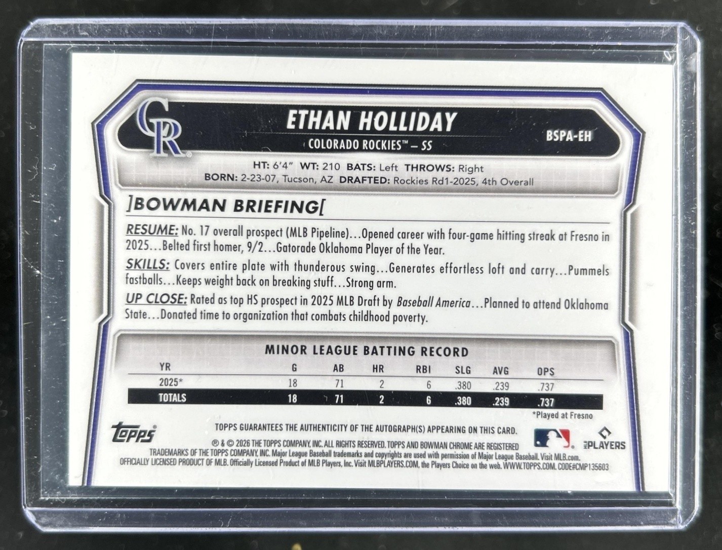 2026 Bowman Sapphire Ethan Holliday Chrome Auto Green Refractor 1st #/99 Rockies view 2