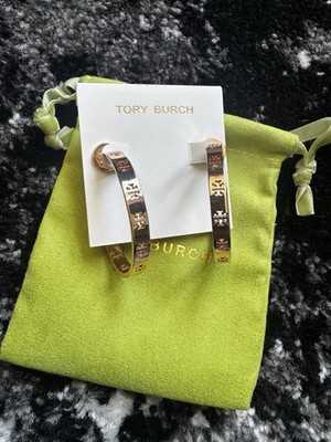 Tory Burch Logo Hoop Earrings Gold Tone Metal Post Closure Lobe No Stone