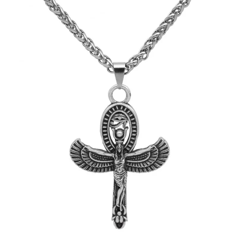 Egyptian Jewelry Silver Pendant Isis Goddess Ankh Cross w. Eye of Horus Necklace