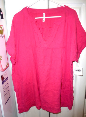 NWT Zenana Oversized Raw Edge Gauze V-Neck Top Tunic In Fuchsia Size 1X