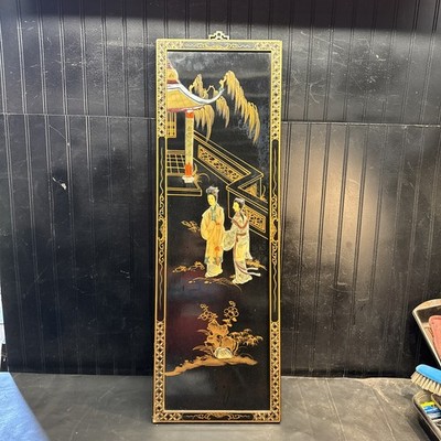 MCM Black Lacquer Geisha Japanese Mother Of Pearl Wall Art Panel