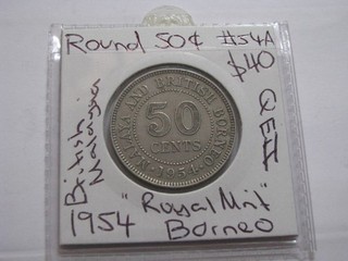 1954 Fifty Cent Borneo British Malaya Royal Mint Coin Malaysia #54.A