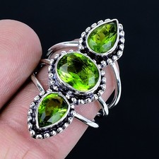 Pretty Peridot Gemstone Handmade 925 Sterling Silver Jewelry Ring Size 7.5