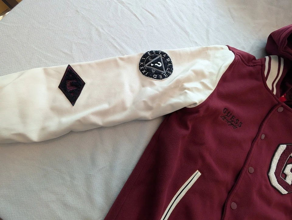 Guess Georges Marciano Varsity Letterman Jacket Sz S ~Maroon & White~ZipOut Hood - Image 3 of 4