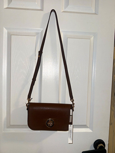 Marc Jacobs Pebbled Brown Small Crossbody Bag Turn Lock Logo Gold Strap