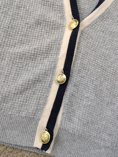 J Crew 100% Cashmere Cardigan Womens Medium Gray Stripe Button Up V-Neck - Picture 2 of 6