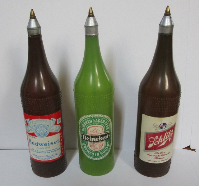 3 Vintage Beer Bottle Ink Pens Made in Italy Schlitz, Budweiser