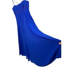 David's Bridal Blue Chiffon Bead Empire Waist Spaghetti Strap Gown Size 16 7256