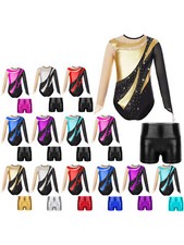 Kids Girls Activewear Keyhole Back Bodysuit Metallic Leotard Figure Skating