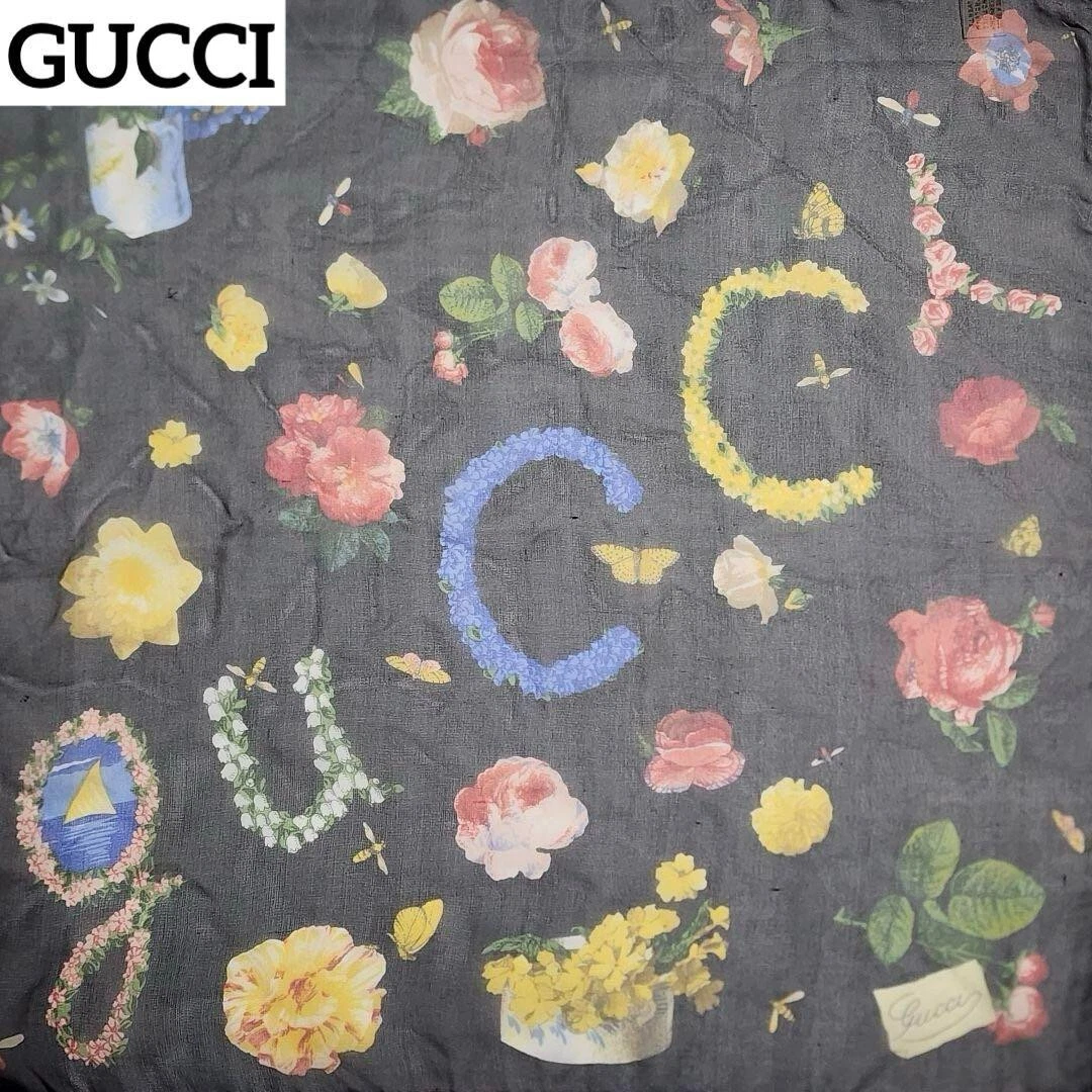 Echarpe GUCCI tissu authentique mode mousseline fleur insecte logo