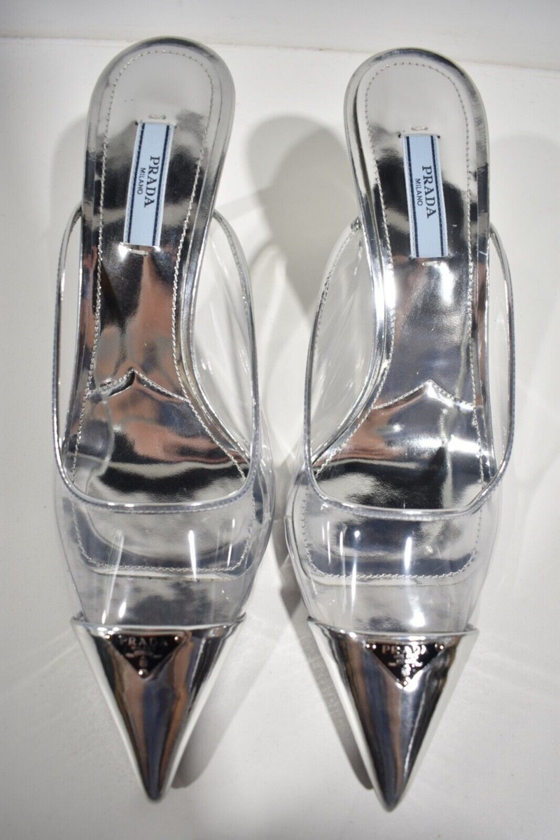 PRADA シルバー ハイヒール・パンプス 37 Prada Modellerie Clear PVC Silver Backless Pointed Sandal