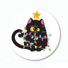 30 Black Cat in Christmas Lights Scrapbook Stickers 1.5" Round Envelope Seals