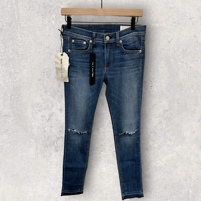 Rag & Bone Capri Women's Jeans Blue Distressed Exposed Hem High Rise Size 27