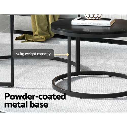 Artiss Nesting Coffee Tables Set of 2 Marble-effect Top 80/60CM Black Metal Base - Picture 7 of 8