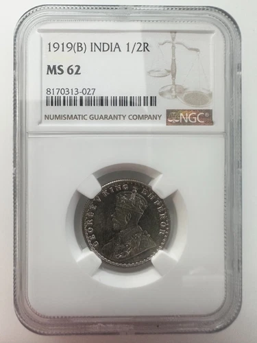 1919 (B) INDIA BRITISH 1/2 RUPEE GEORGE V NGC MS 62 SILVER COIN