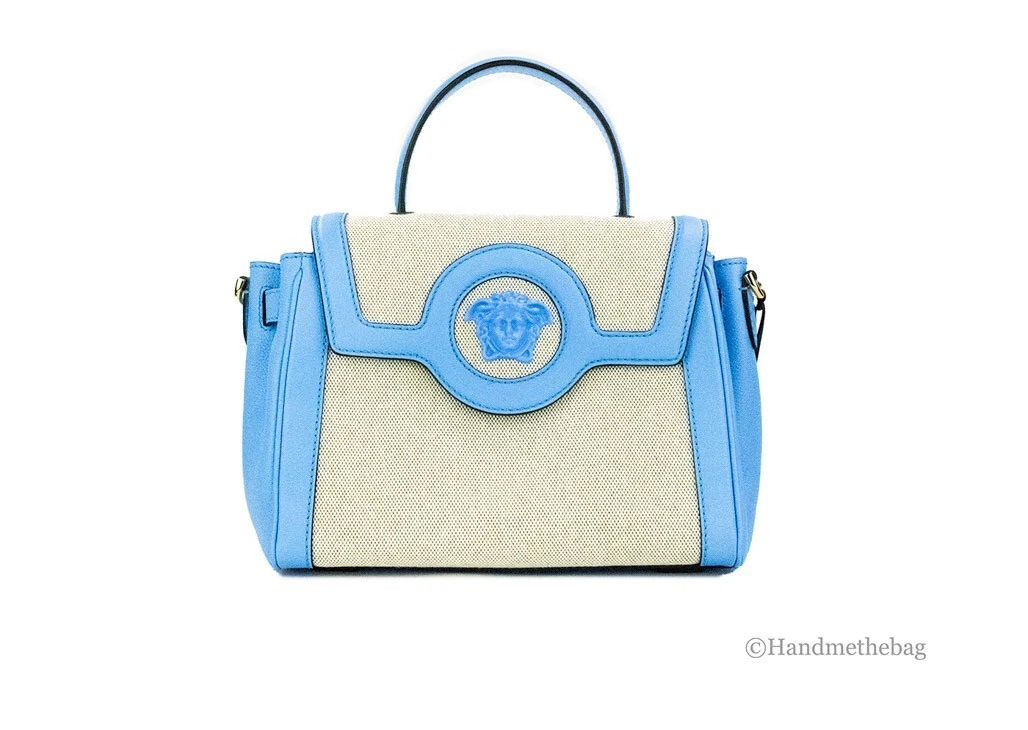 Versace La Medusa Blue Leather Top Handle Canvas Satchel Tote Crossbody Purse