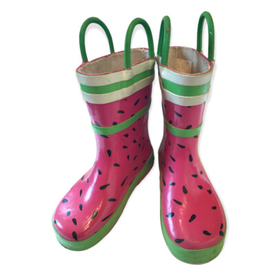 7/8 Girls Rain Boots Watermelon Pink Green Pull on Galoshes Waterproof