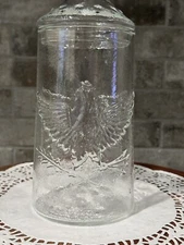 VTG Clear Embossed Glass American Eagle/Stars Lidded Apothecary Candy Jar 10”
