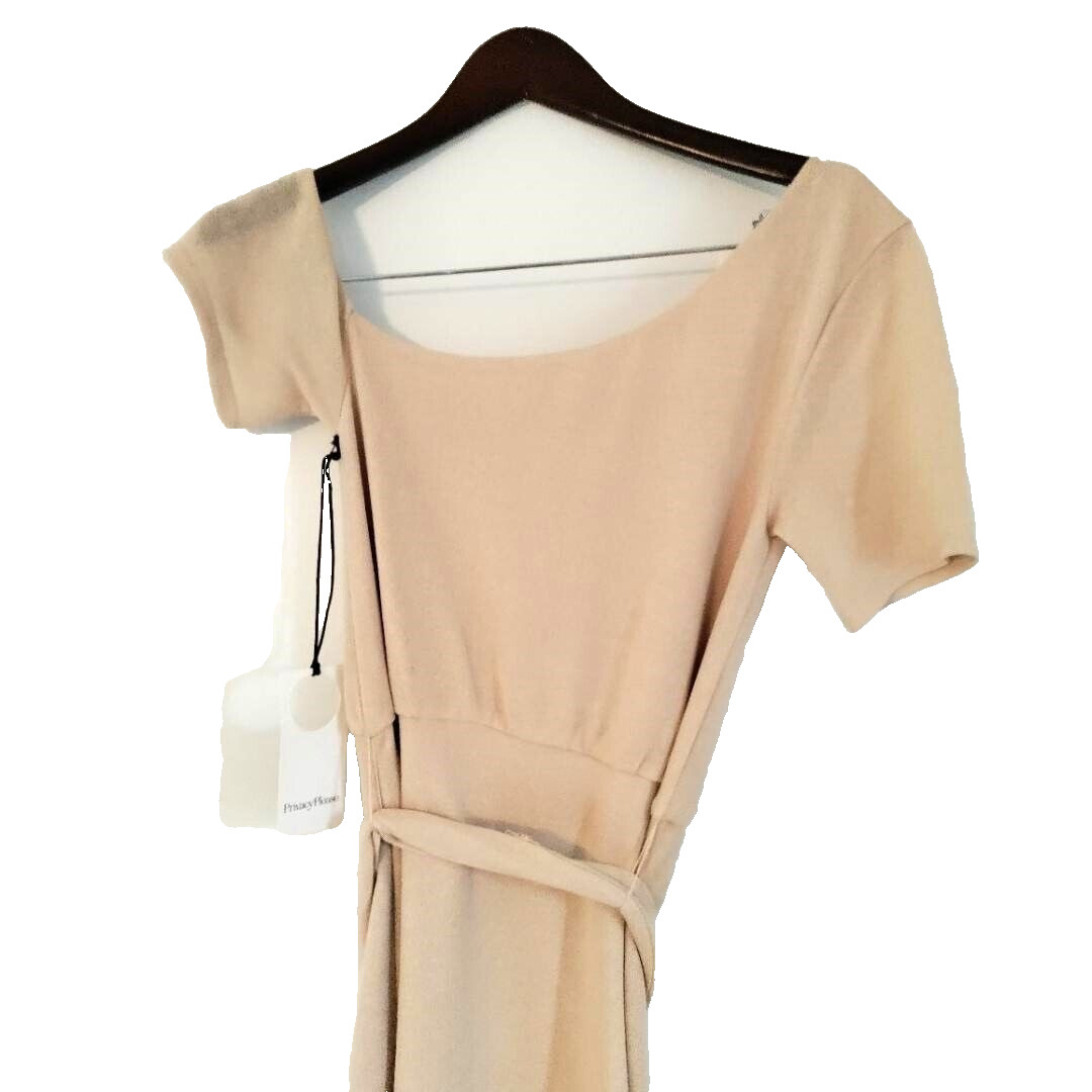 NWT Short Sleeve Beige Belted Button Lined Split Midi Party Wedding Y2K Dress S image 6