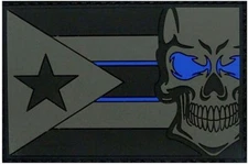 Puerto Rico Flag Skull Thin Blue Line Patch [Hook Fastener -PF7]