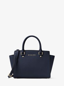 MICHAEL-Michael-Kors-Selma-Saffiano-Leather-Medium-Satchel-Navy-NWT-298