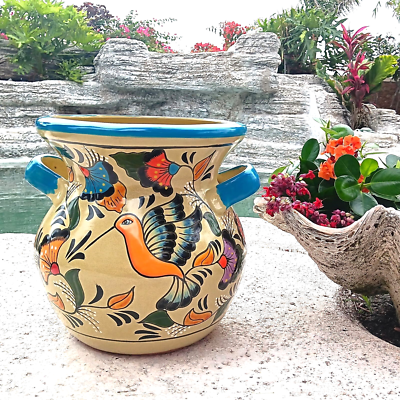 Talavera Pottery Planter Mexican Ceramic Flower Pot Hummingbird Blue Yellow  X Lg | eBay