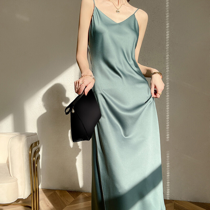 2023 New V-neck Female Summer Suspender Satin Ice Silk A-line Slimming Sexy  Party Long Dress for Women