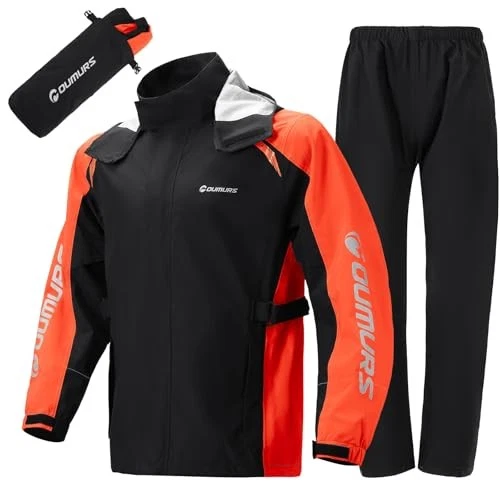 Motorcycle Rain Suit - Waterproof Jacket & Pants for Men & Medium Black Orange