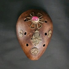 Wooden Pendant Ocarina Matte Brown Gold Pink Latin American Decorative Motifs