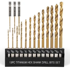 Titanium Twist Drill Bit Set - 16 Pcs Hex Shank High Speed Steel for Wood Pla...