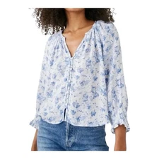 Rails Mariah Linen-Blend Floral Blouse Size XS in Blue Blossoms Boho Cottagecore