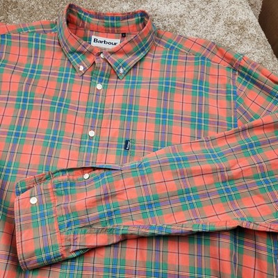Barbour Tailored Fit Plaid Button Down Shirt Men XL Orange Green Tartan Long Slv