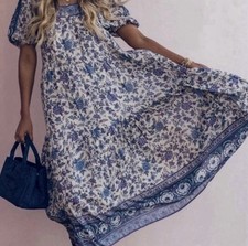Spell And The Gypsy Collective Floral Puff  Sleeve Maxi Dress Blue Size S Boho
