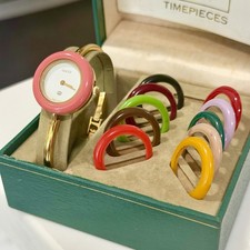 VTG! Gucci Gold Tone W/ 11 Interchangeable Bezels Bangle Quartz Watch W/Box RUNS