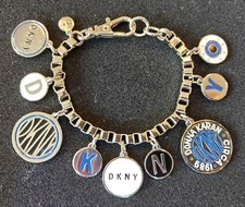 Donna Karan New York DKNY Gold Tone Box Chain Enamel Iconic Logo Charm Bracelet