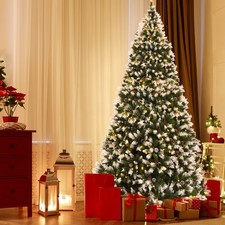9' Pre-lit Snowy Christmas Tree 8 Lighting Modes 2058 Tips w/ Pine Cones