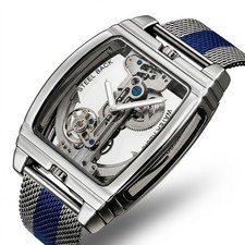 Luxury Men's Skeleton Automatic Mechanical Watch Steel Mesh Blue Stripe Sport