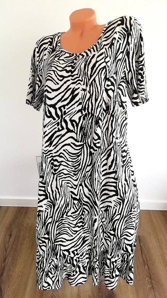 Gr. 42 * 44 Sheego leichtes Jerseykleid Midi Zebra-Look Volant weiß - 40% Rabatt - Bild 1 von 4