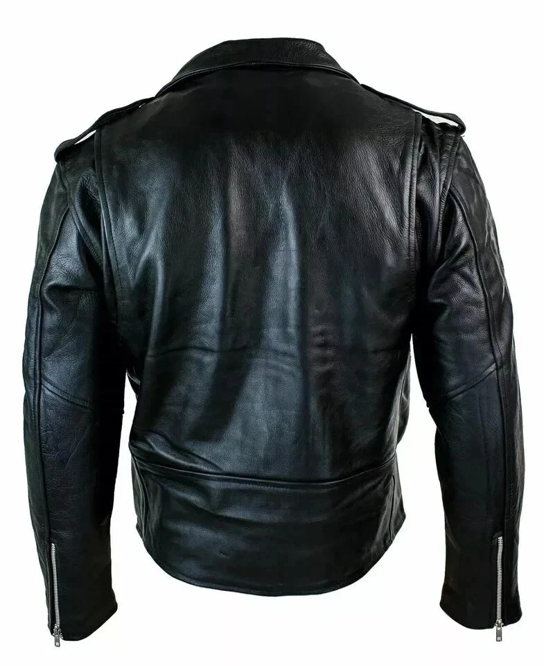Men's Motorcycle Leather jacket Genuine cowhide Skin Brando Style Black Biker image 2