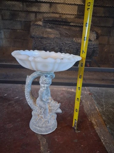 Vintage Cast Metal Cherub Figurine Compote  Milk Glass Dish  Fairy Garden Decor