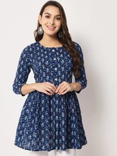Indian Women Cotton Indigo Blue Floral Printed A-Line Kurta Kurti New Top Tunic