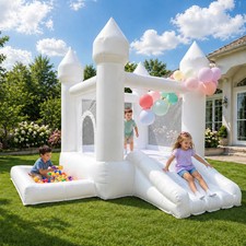 9' x 9' White Inflatable Castle Bounce House Slide with Blower Indoor or Outdoor