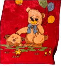 Vintage Minky Plush Baby Blanket Teddy Bear Balloons Puppy Butterfly Red RARE