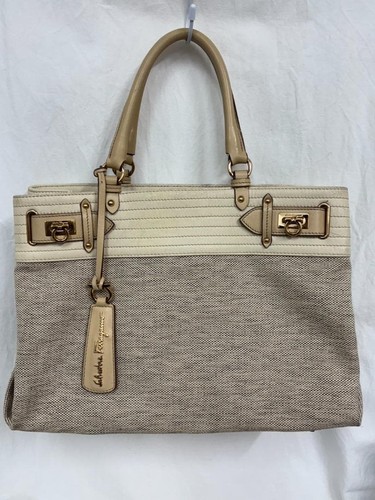 Salvatore Ferragamo Gancini Canvas 2Way Tote Bag Beige Off White Auth